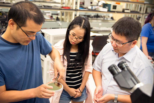 ASU Prof. Shimeng Yu is standing with two of his students looking at a microchip.
